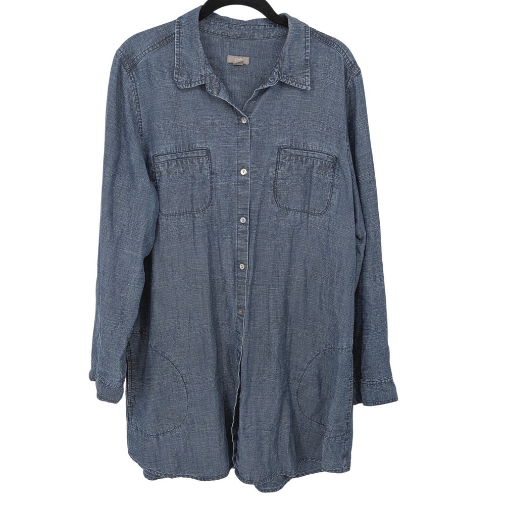 J Jill Button Down Shirt Women Large Blue‎ Tencel Linen Blend Long Sleeve Tunic